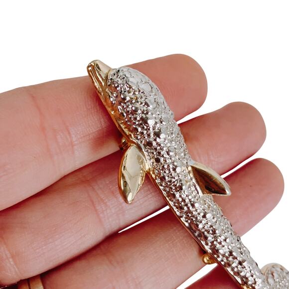 VTG 80s 90s Dolphin Brooch Two Tone Silver Gold Costume Marine Figural Jewelry - Picture 4 of 11